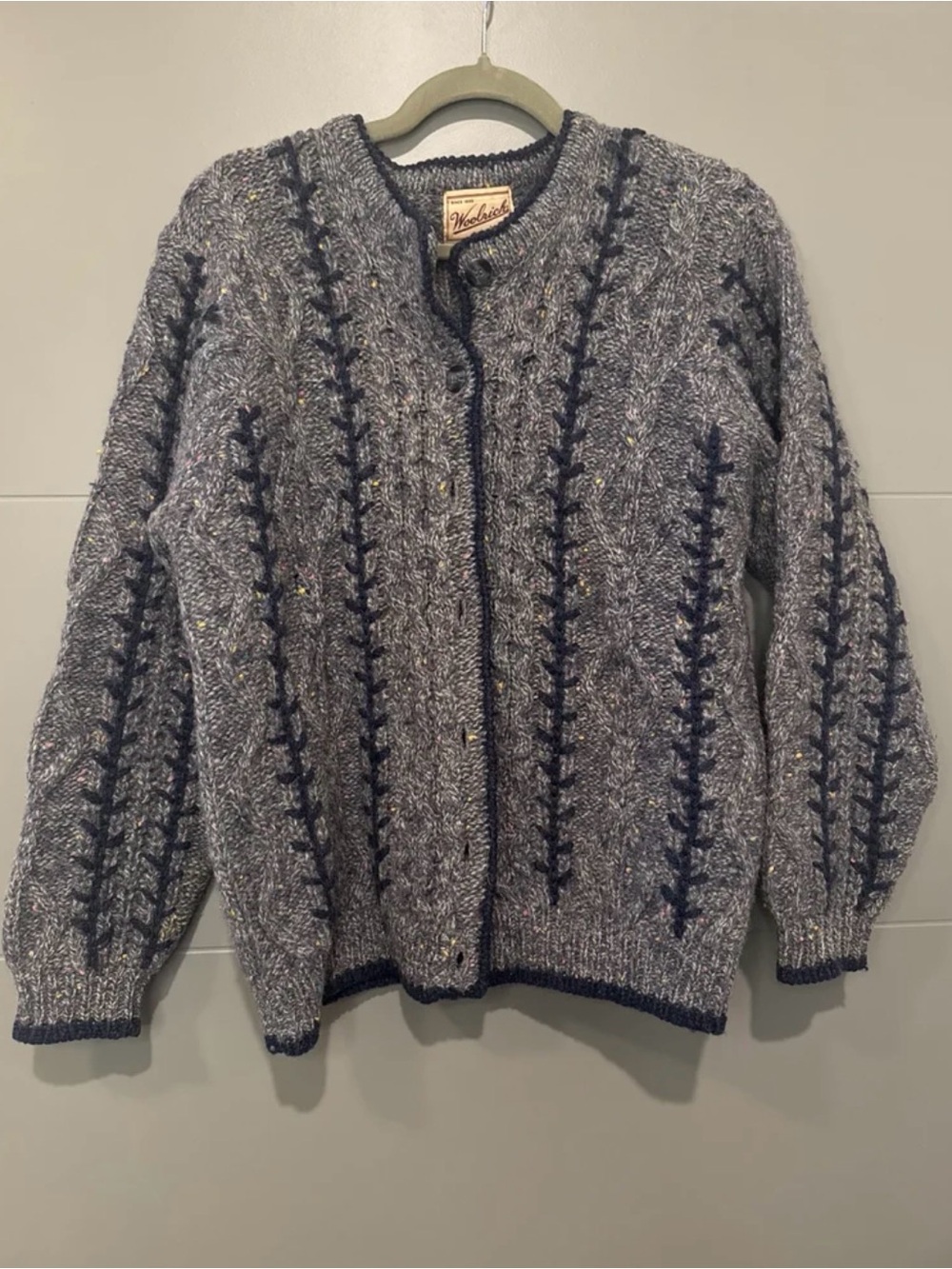 Woolrich Gray Speckled Knit Cardigan with Navy Trim